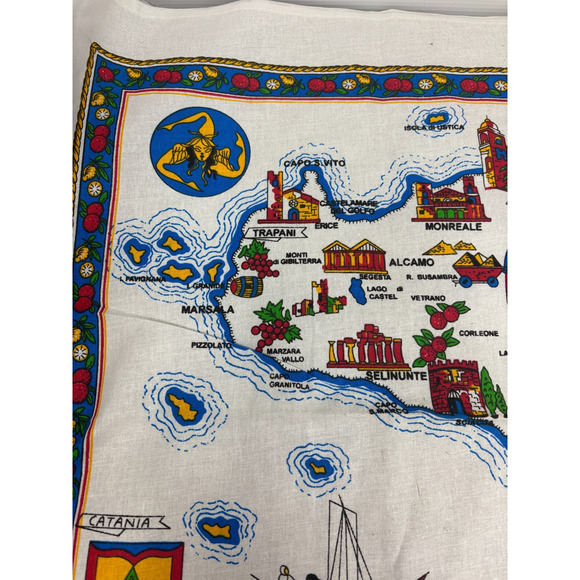 VTG SICILIA Sicily Cotton Tea Towel Dish Kitchen Towel Map Landmarks Crest 23x34 - Picture 5 of 10